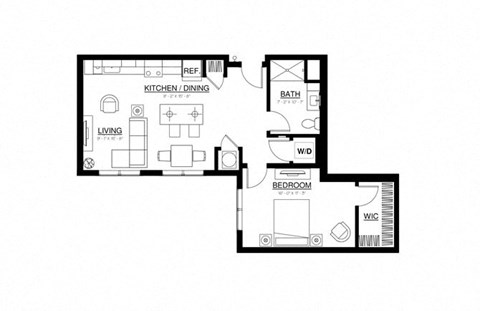 Floor plan for 1 bed, 1 bath, 842 sqft